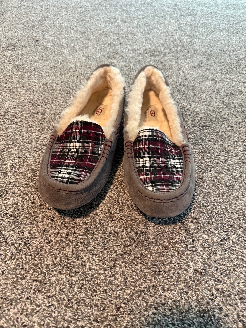 UGG Women's Gray Suede Slippers with Burgundy Plaid